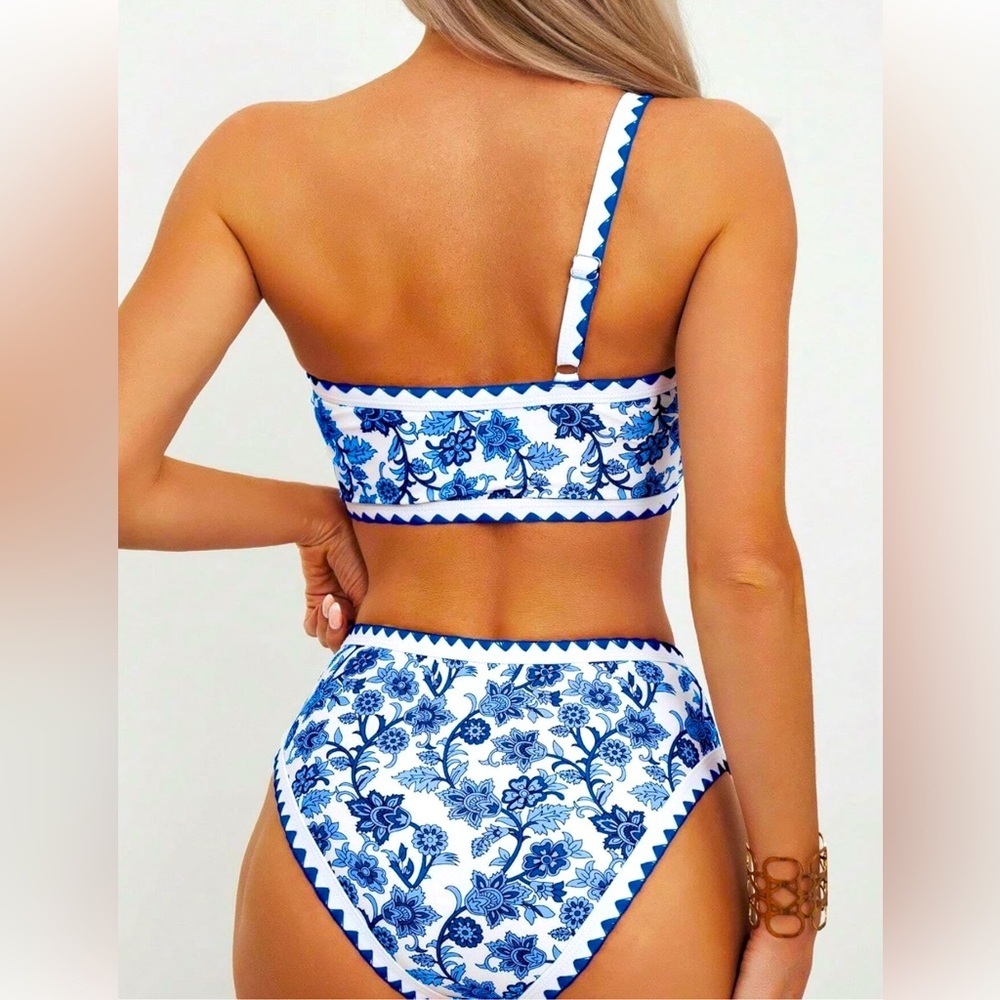 NWOT-2pc Bikini Sets Boho Floral Printed 1 Shoulder High Cut Bathing Suit - Picture 2 of 4
